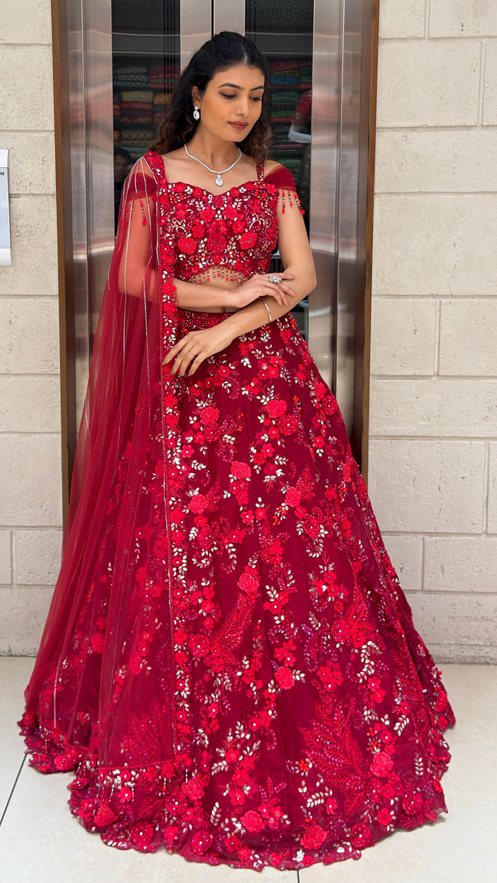 Ruby Red Floral Embroidered Bridal Lehenga Set