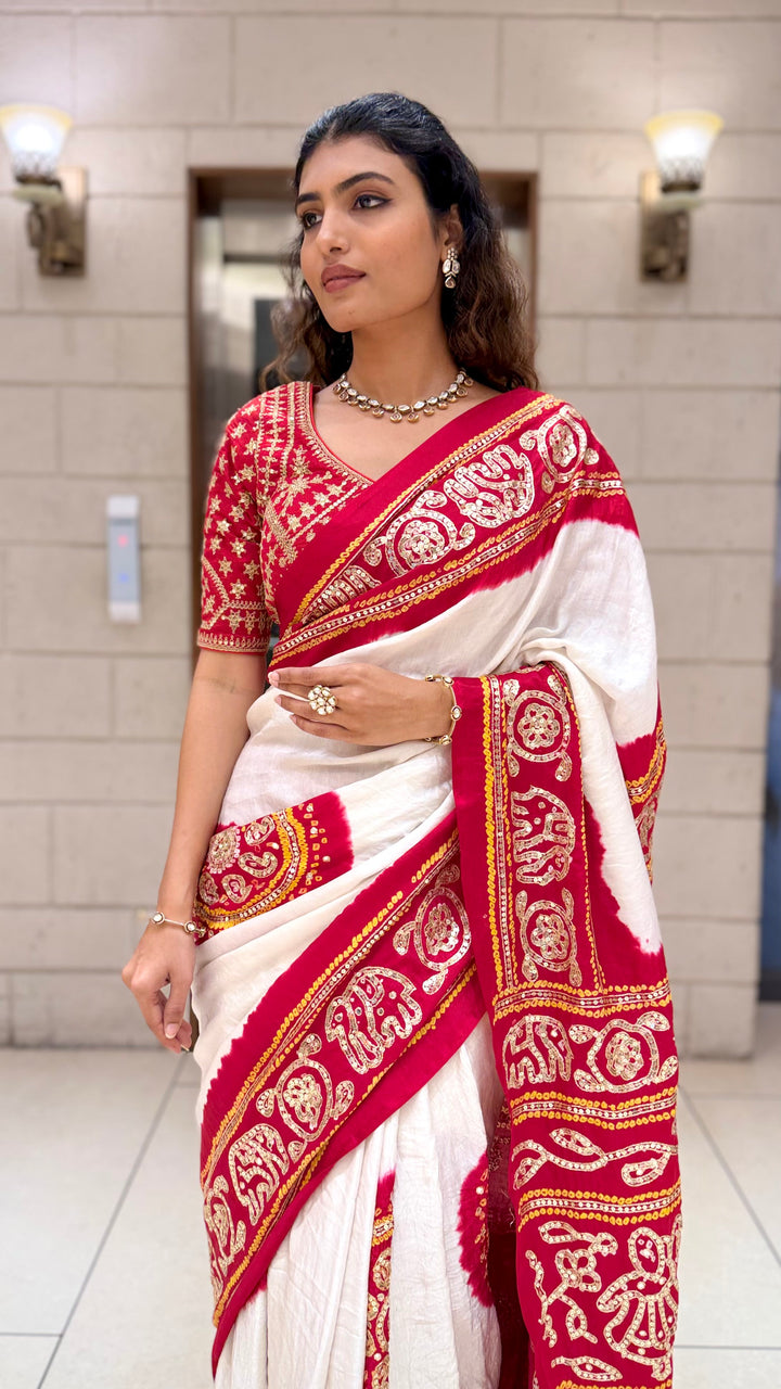 White & Red Traditional Designer Saree with Embroidered Border and Matching Blouse