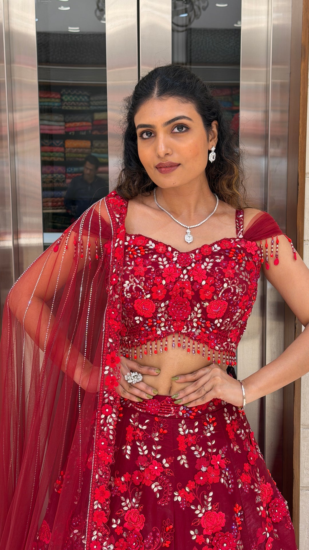 Ruby Red Floral Embroidered Bridal Lehenga Set