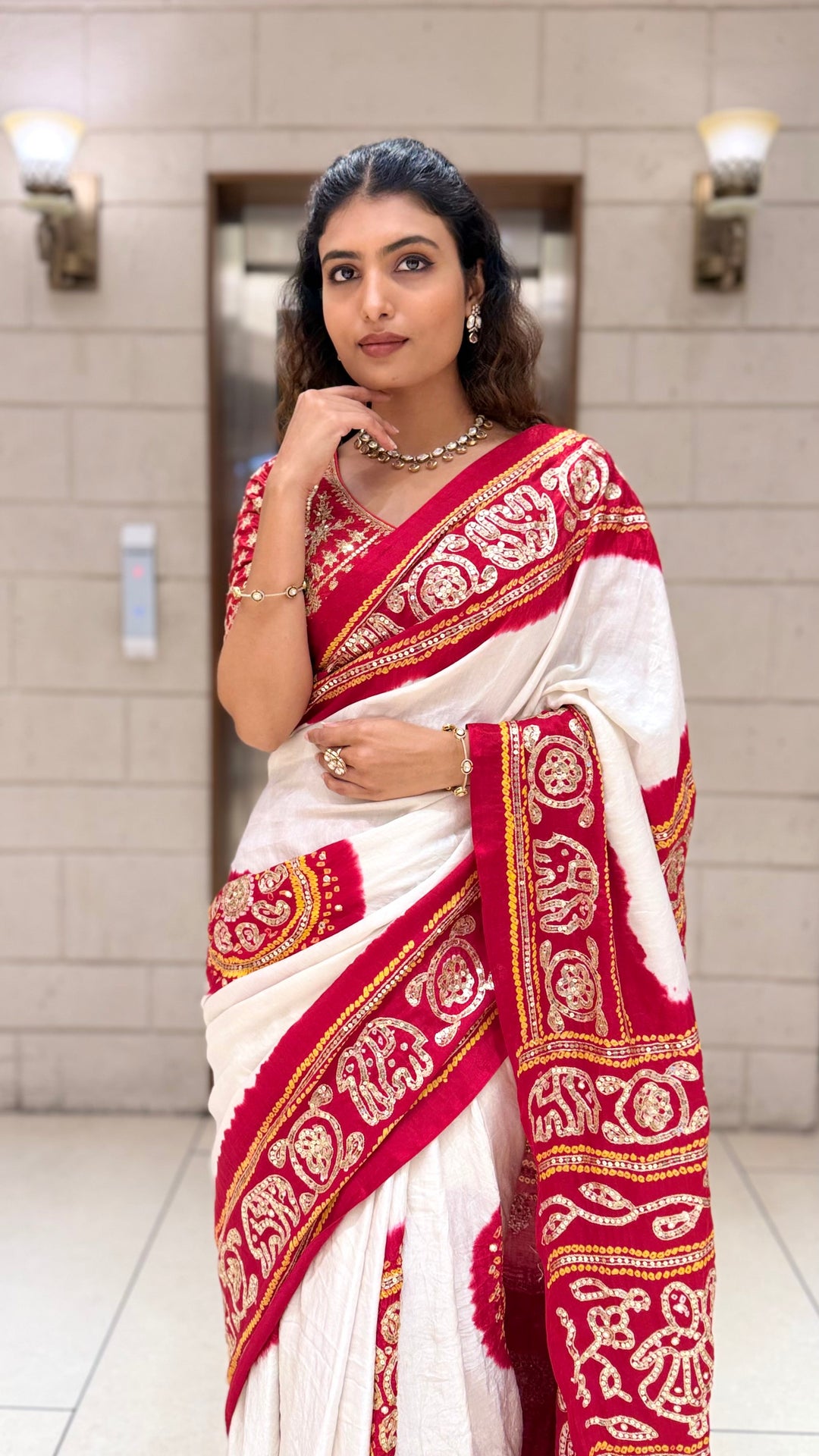 White & Red Traditional Designer Saree with Embroidered Border and Matching Blouse
