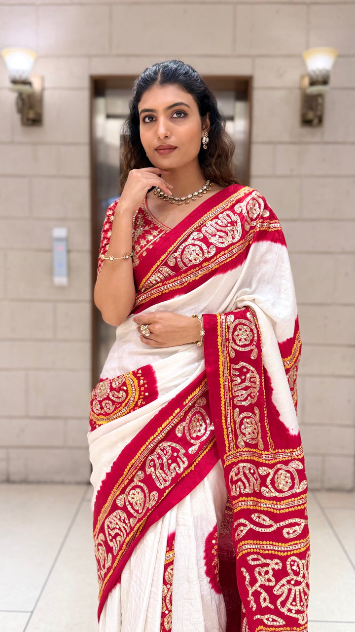 White & Red Traditional Designer Saree with Embroidered Border and Matching Blouse