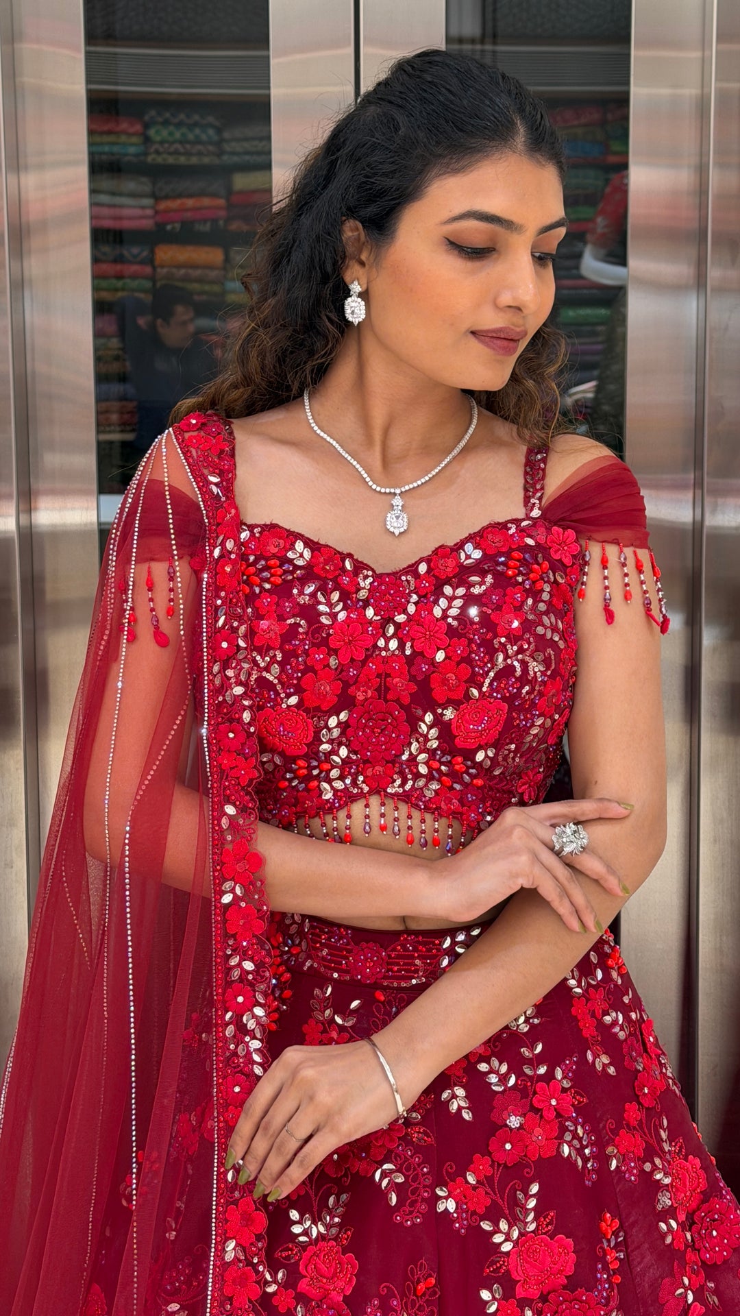 Ruby Red Floral Embroidered Bridal Lehenga Set