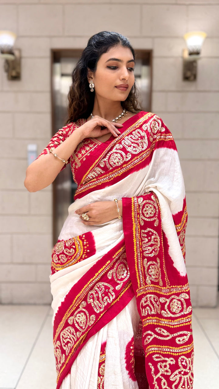 White & Red Traditional Designer Saree with Embroidered Border and Matching Blouse