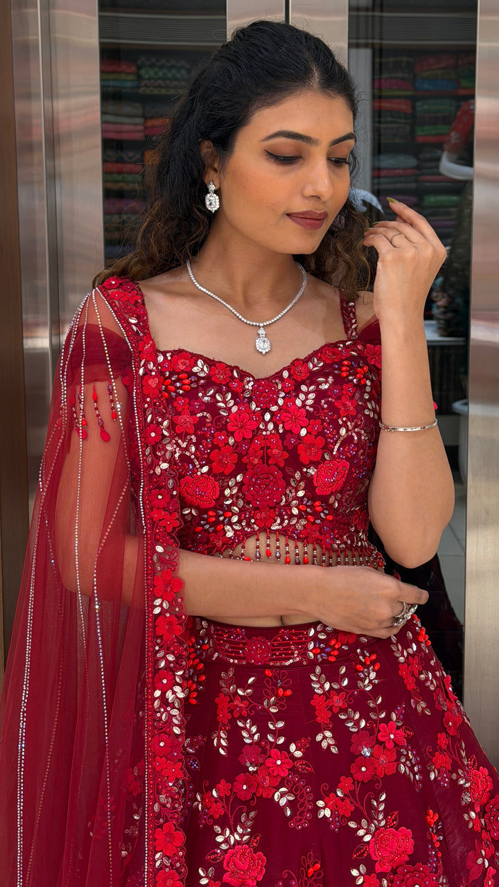 Ruby Red Floral Embroidered Bridal Lehenga Set