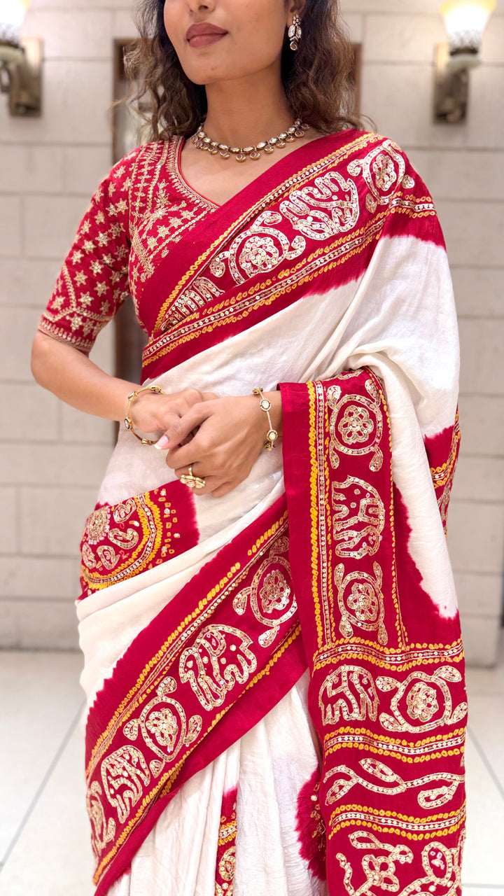 White & Red Traditional Designer Saree with Embroidered Border and Matching Blouse
