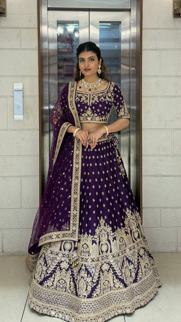 Royal Purple Velvet Bridal Lehenga with Heavy Zardozi & Dori Embroidery