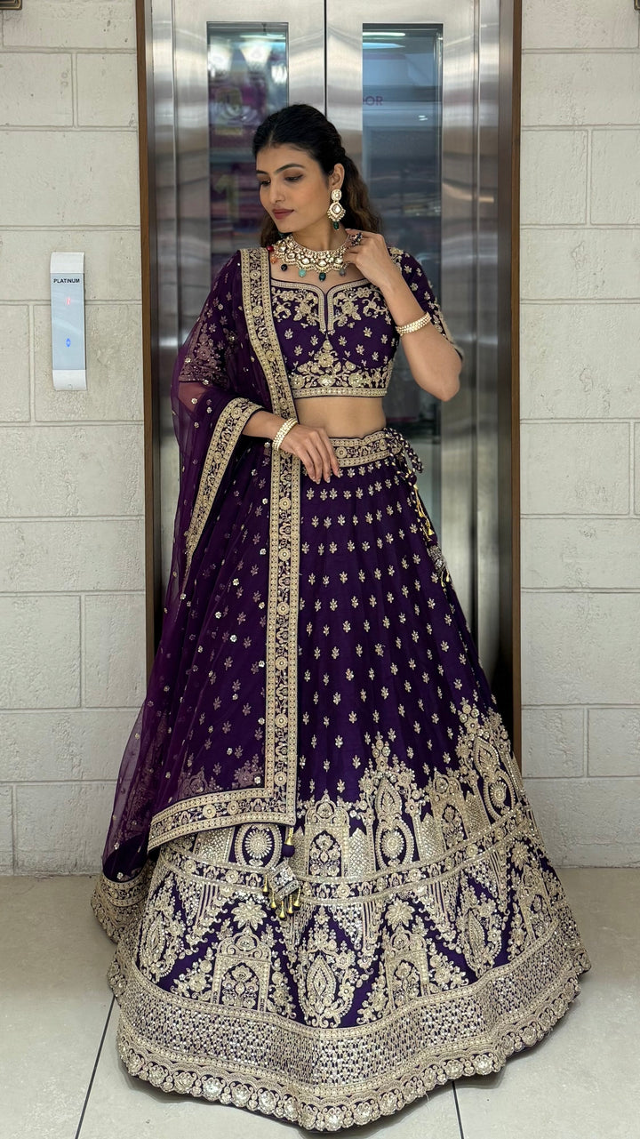 Royal Purple Velvet Bridal Lehenga with Heavy Zardozi & Dori Embroidery