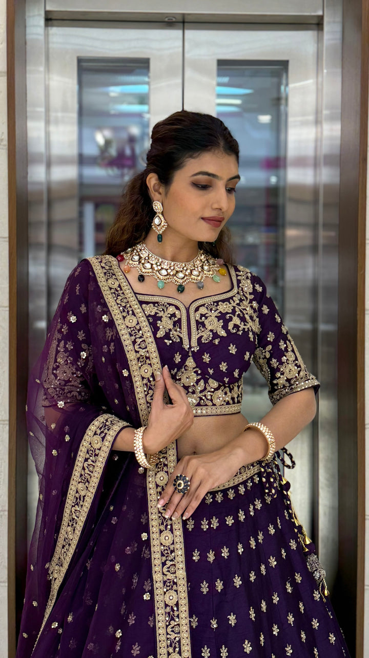 Royal Purple Velvet Bridal Lehenga with Heavy Zardozi & Dori Embroidery