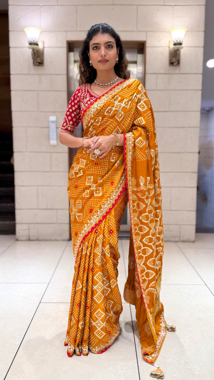Mustard Yellow Bandhani Designer Saree with Mirror Work Border & Blouse