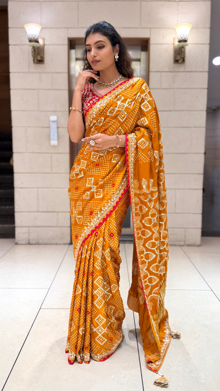 Mustard Yellow Bandhani Designer Saree with Mirror Work Border & Blouse