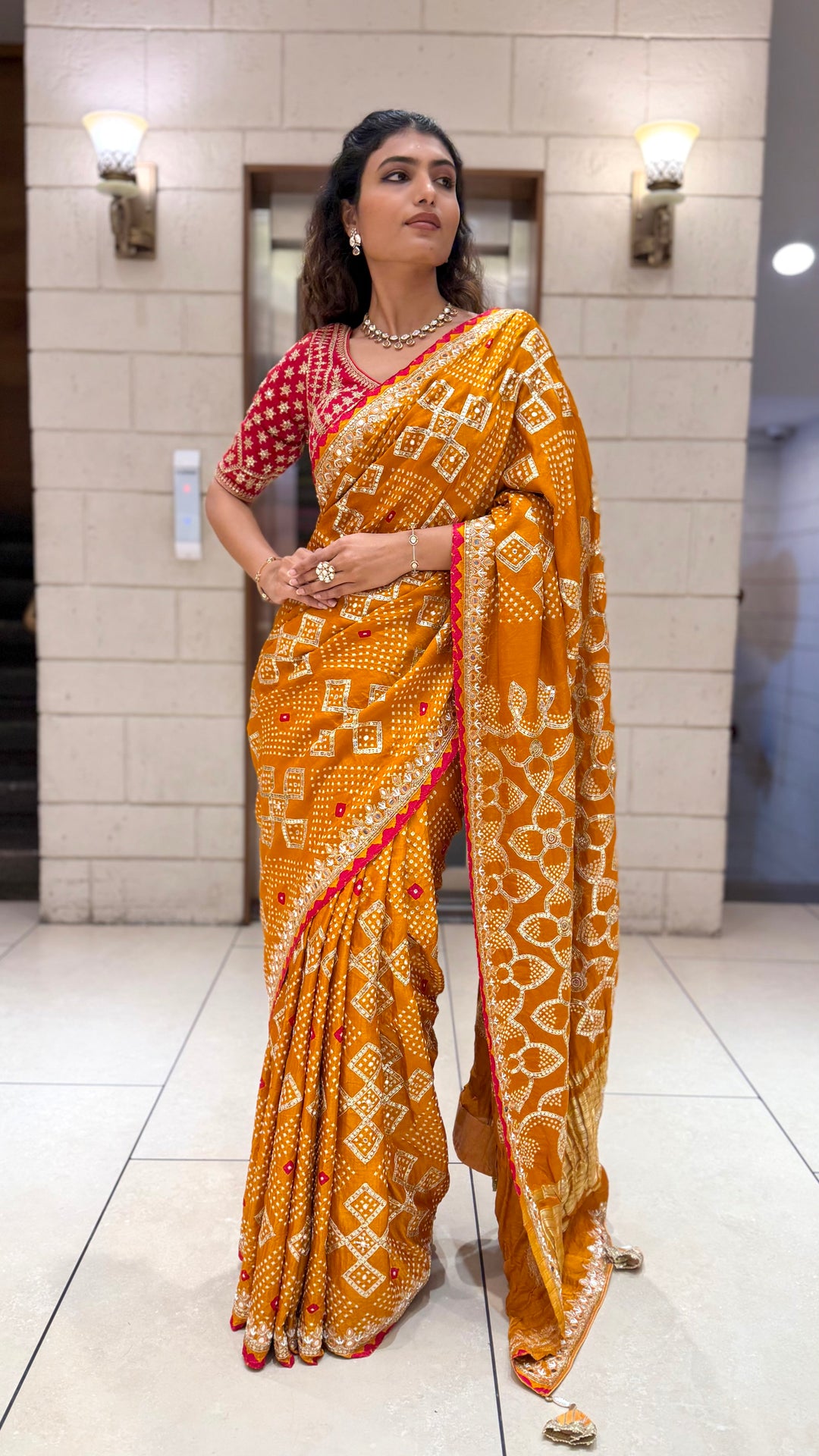 Mustard Yellow Bandhani Designer Saree with Mirror Work Border & Blouse