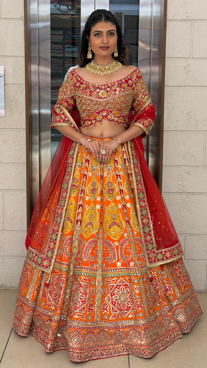 Royal Orange Multicolor Mirror Work Bridal Lehenga Set