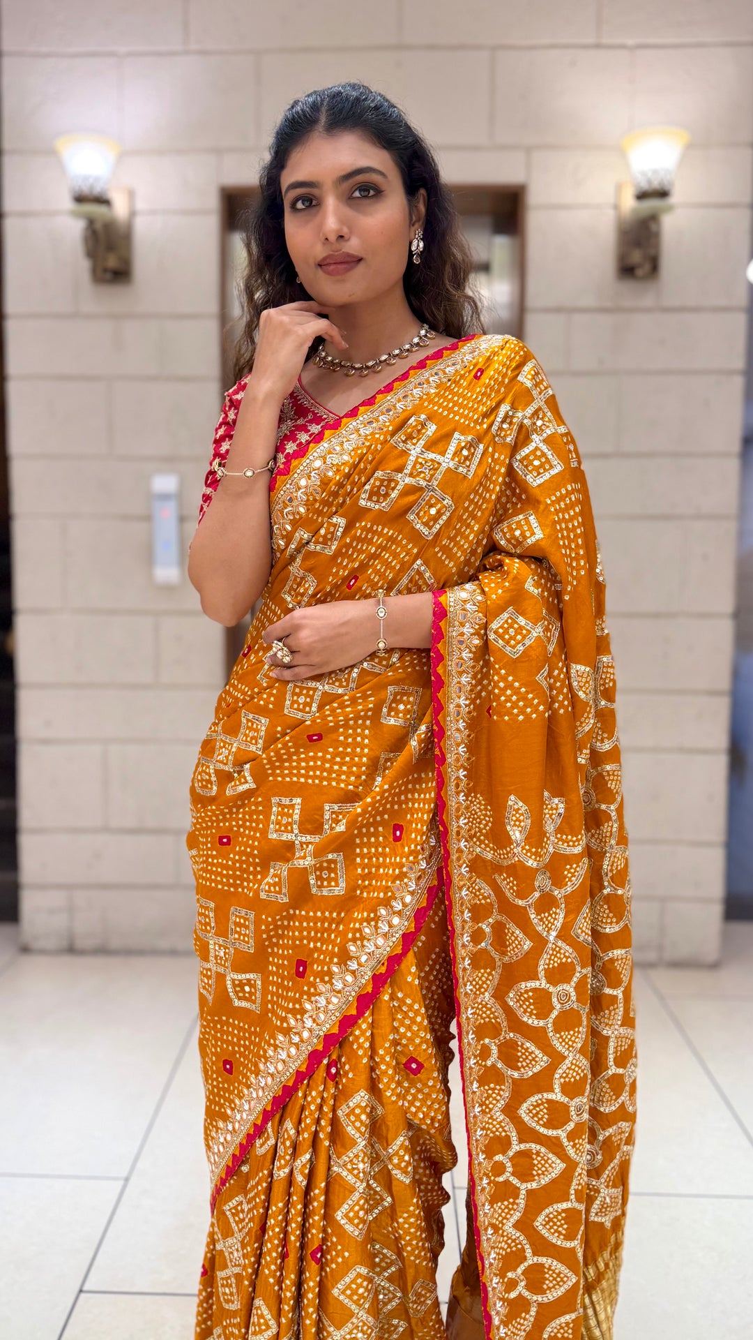 Mustard Yellow Bandhani Designer Saree with Mirror Work Border & Blouse