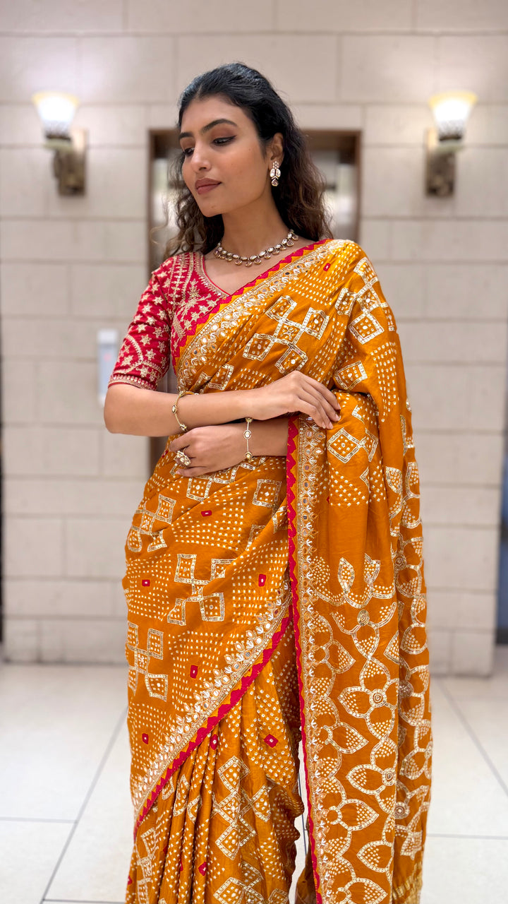 Mustard Yellow Bandhani Designer Saree with Mirror Work Border & Blouse