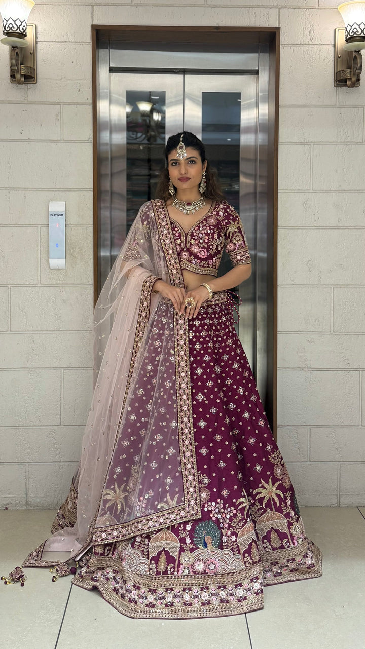 Wine Velvet Bridal Lehenga with Hand Zardozi, Sequin & Resham Temple Border