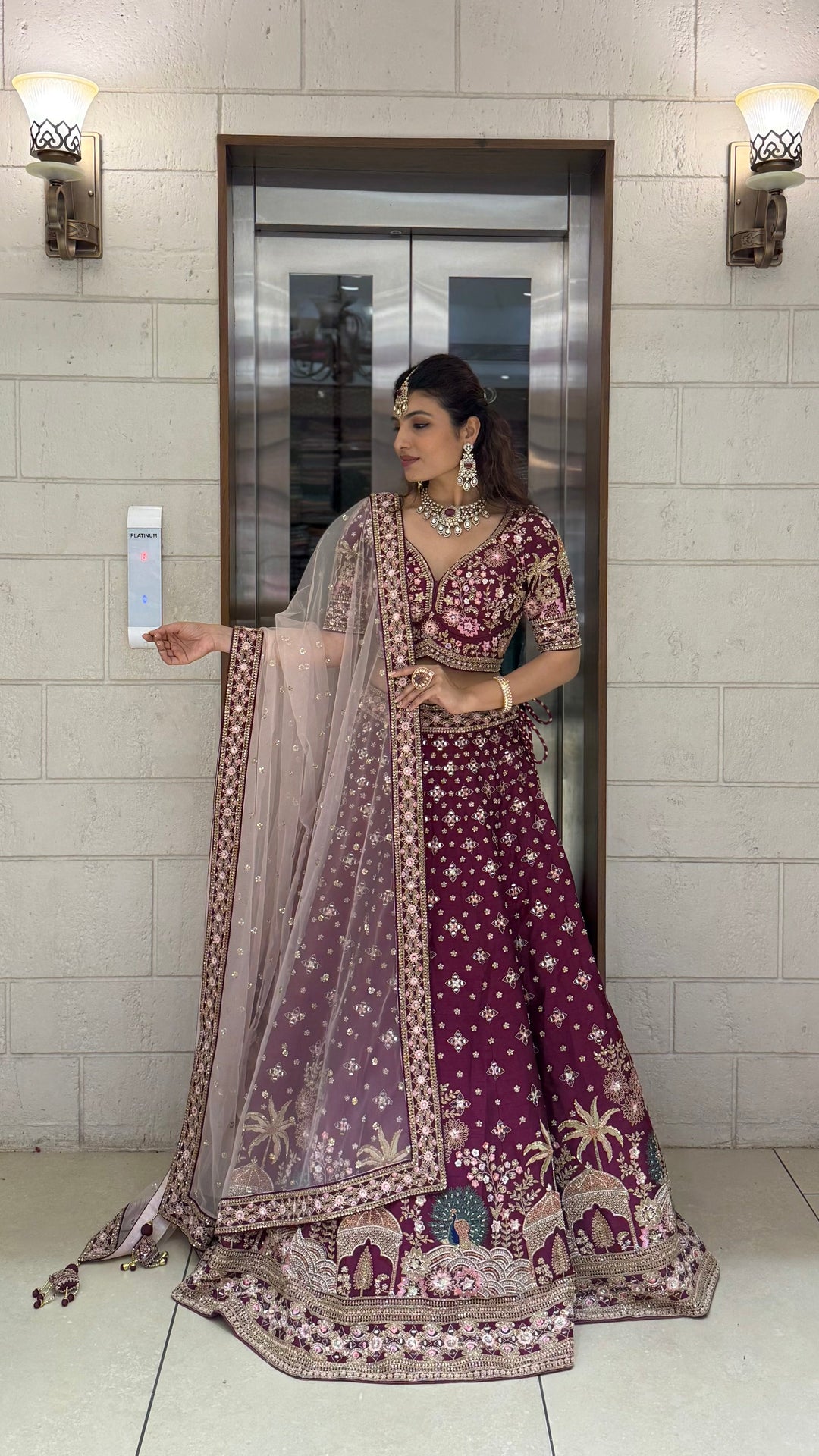 Wine Velvet Bridal Lehenga with Hand Zardozi, Sequin & Resham Temple Border