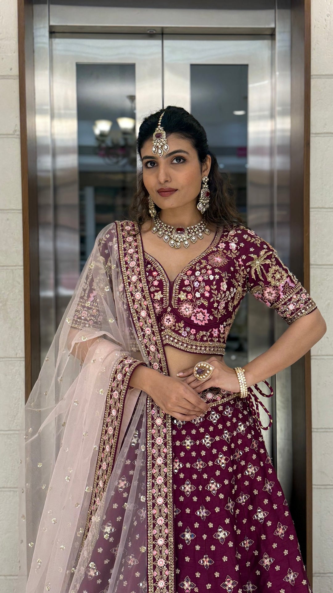 Wine Velvet Bridal Lehenga with Hand Zardozi, Sequin & Resham Temple Border