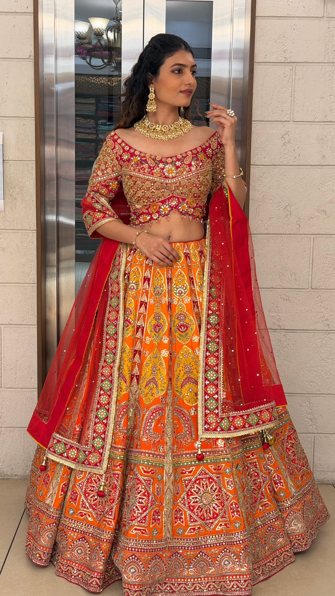Royal Orange Multicolor Mirror Work Bridal Lehenga Set
