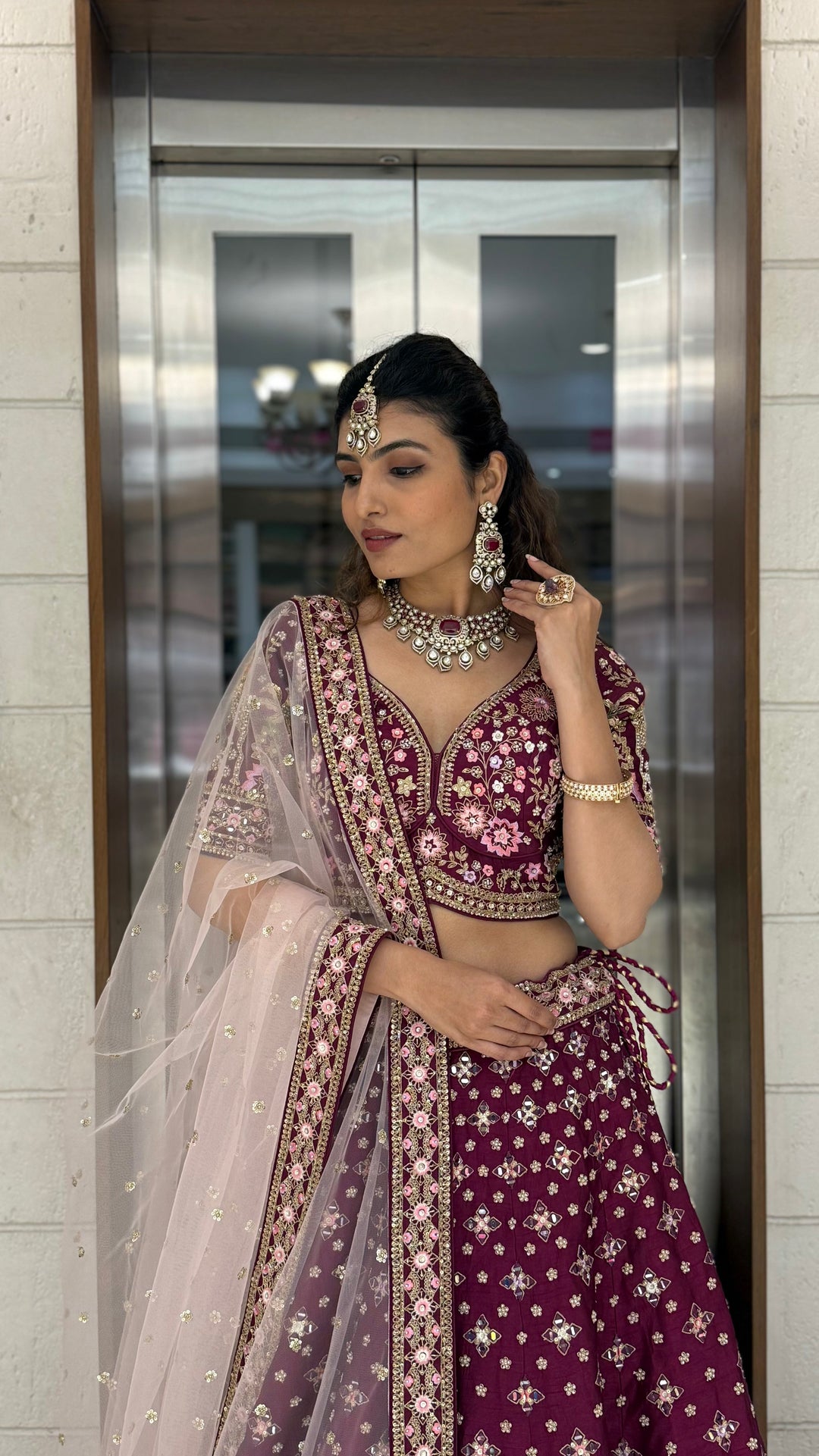 Wine Velvet Bridal Lehenga with Hand Zardozi, Sequin & Resham Temple Border