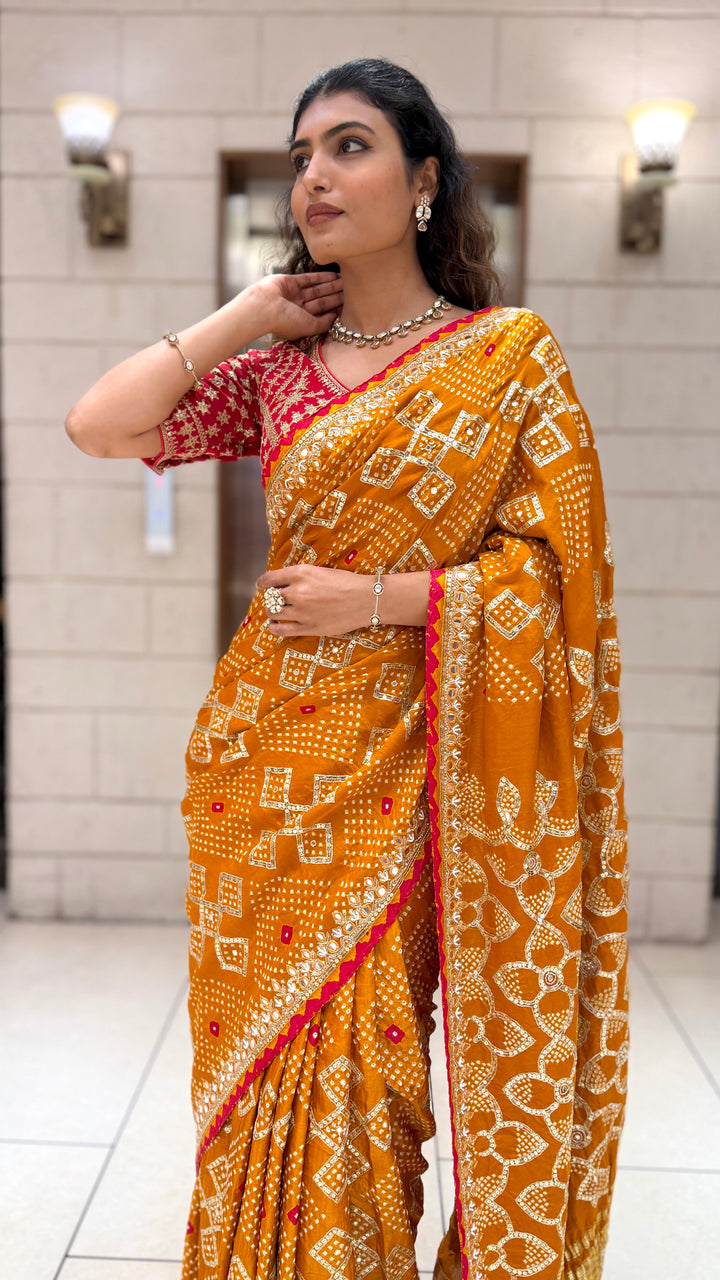 Mustard Yellow Bandhani Designer Saree with Mirror Work Border & Blouse