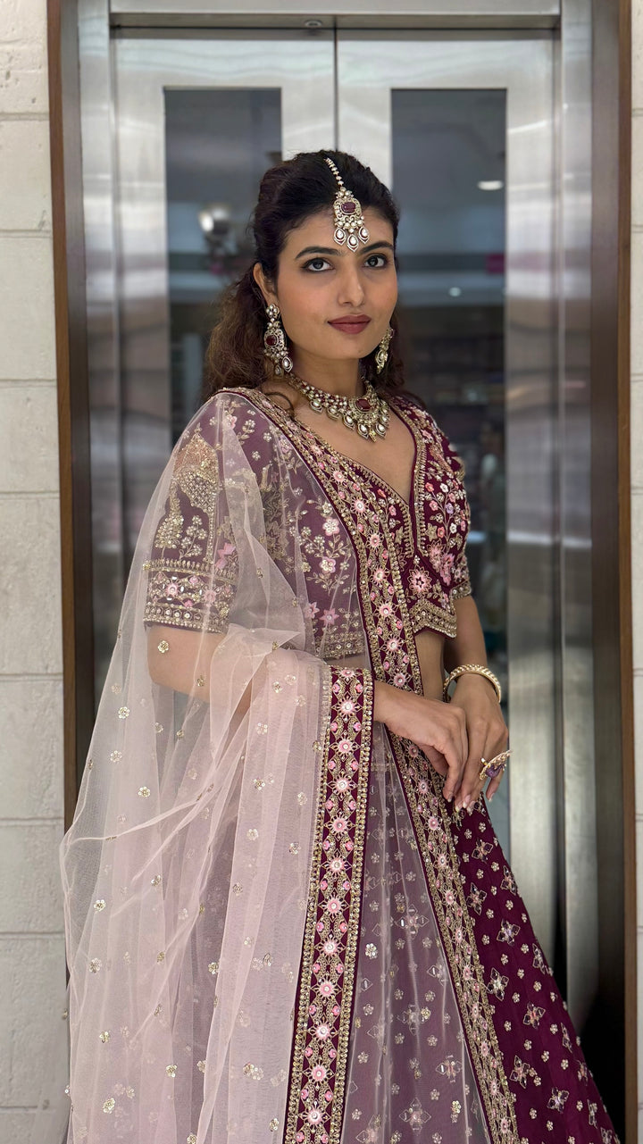 Wine Velvet Bridal Lehenga with Hand Zardozi, Sequin & Resham Temple Border
