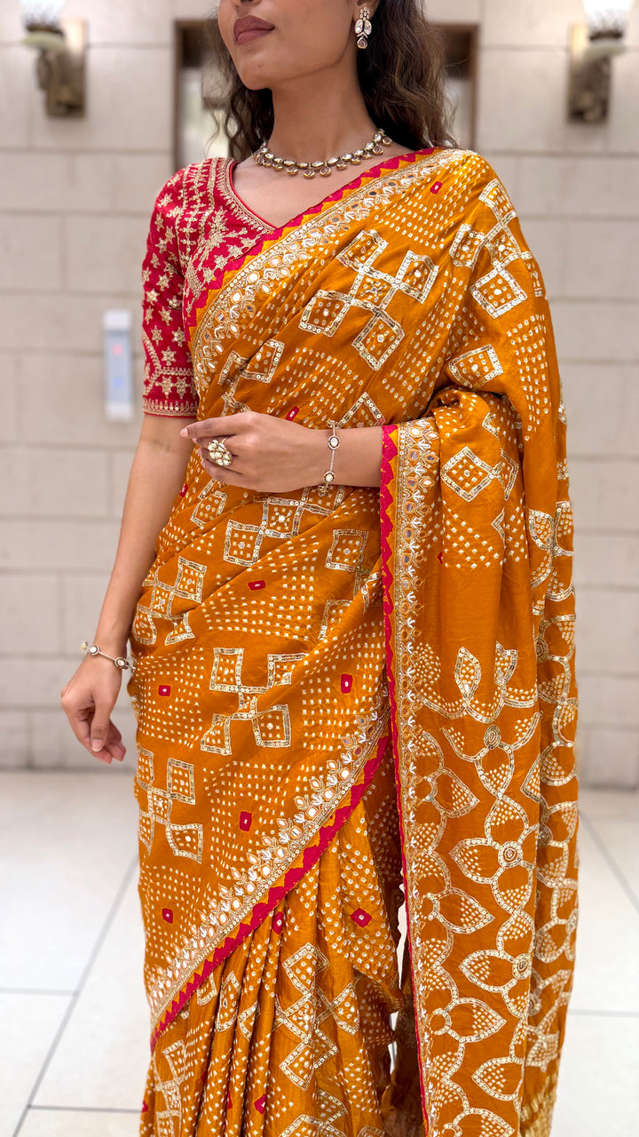 Mustard Yellow Bandhani Designer Saree with Mirror Work Border & Blouse
