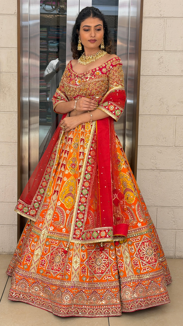 Royal Orange Multicolor Mirror Work Bridal Lehenga Set