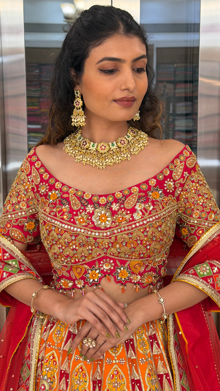 Royal Orange Multicolor Mirror Work Bridal Lehenga Set
