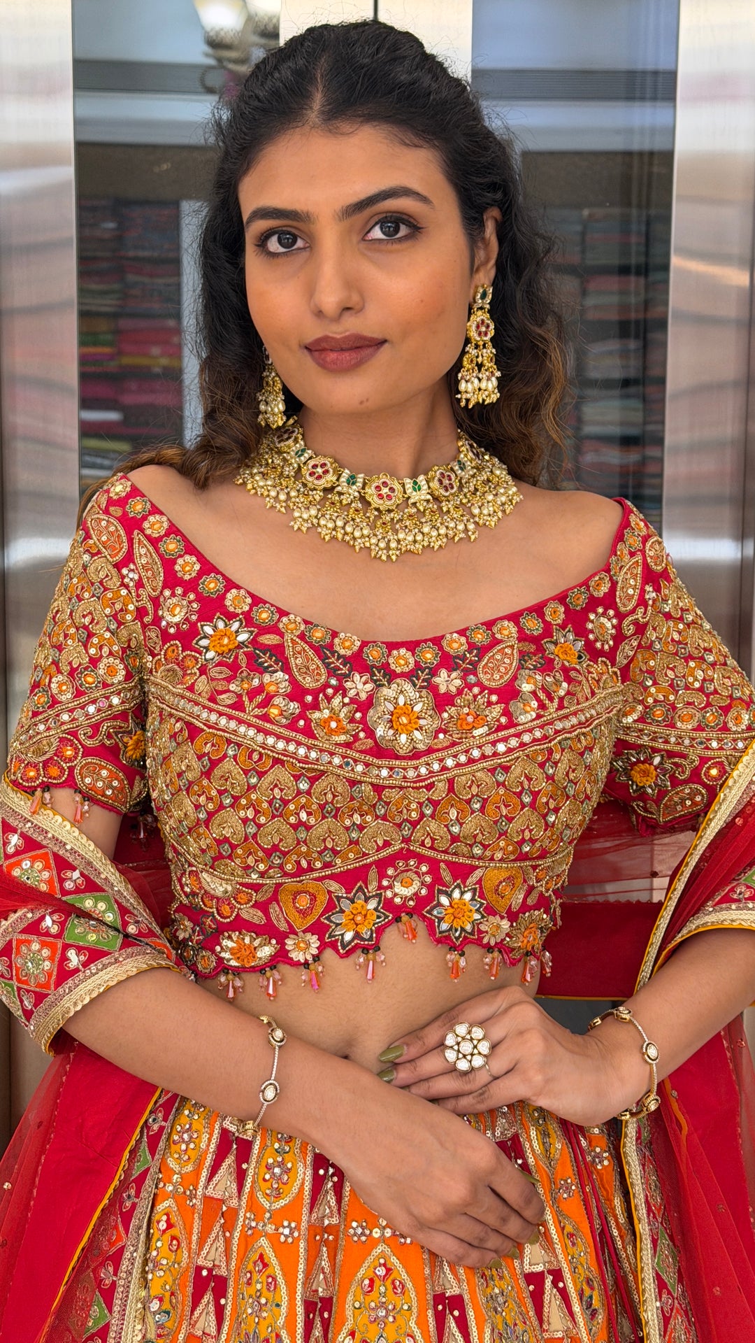 Royal Orange Multicolor Mirror Work Bridal Lehenga Set