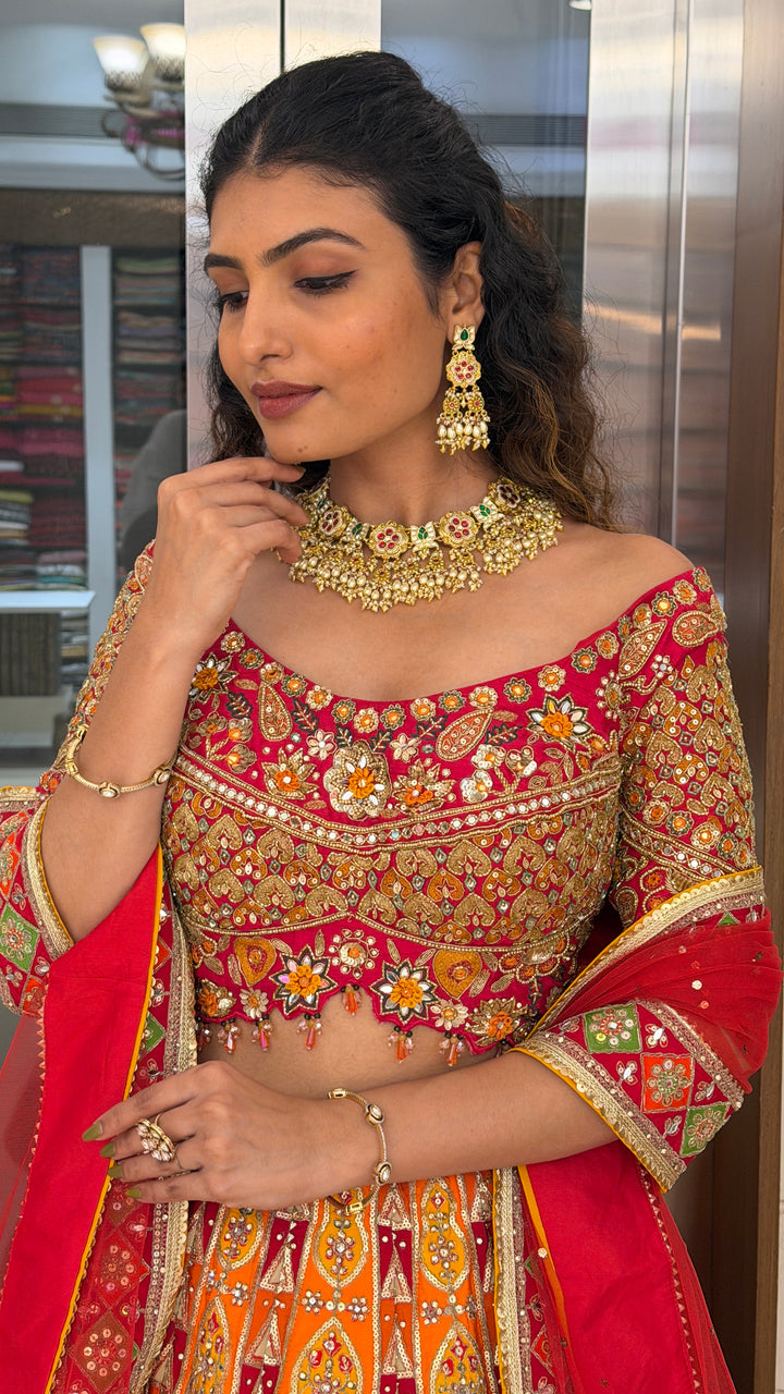 Royal Orange Multicolor Mirror Work Bridal Lehenga Set