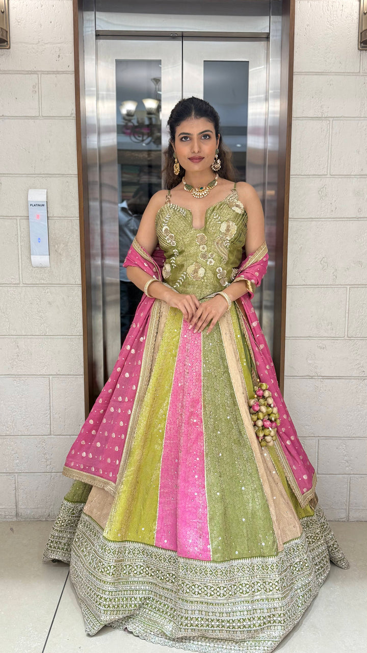 Multicolor Panelled Sequin Lehenga with Hand-Embroidered Corset Blouse
