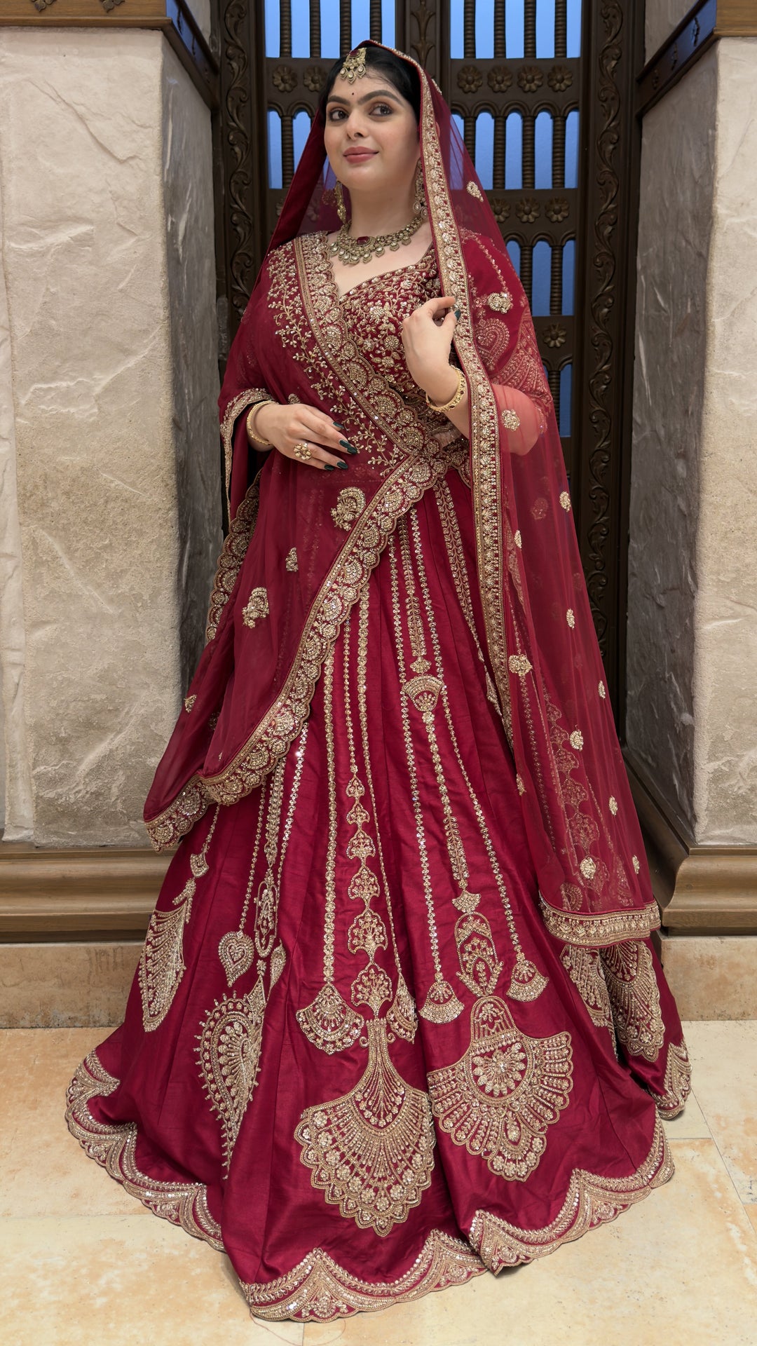 Bridal Maroon Embroidered Lehenga Choli Set with Designer Dupatta