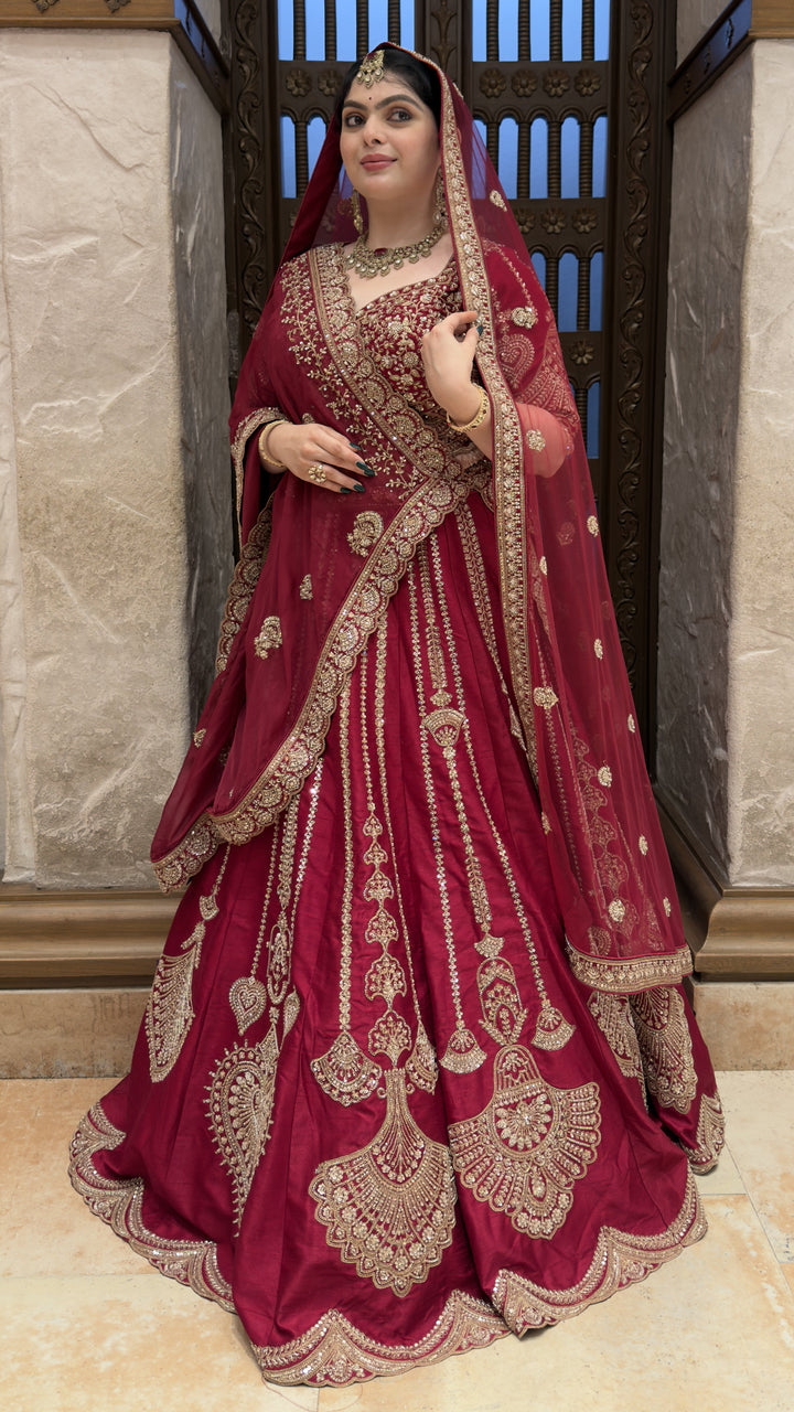 Bridal Maroon Embroidered Lehenga Choli Set with Designer Dupatta