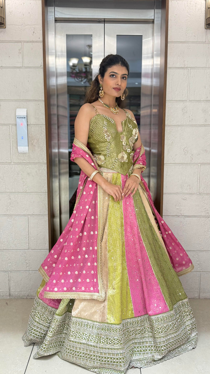 Multicolor Panelled Sequin Lehenga with Hand-Embroidered Corset Blouse