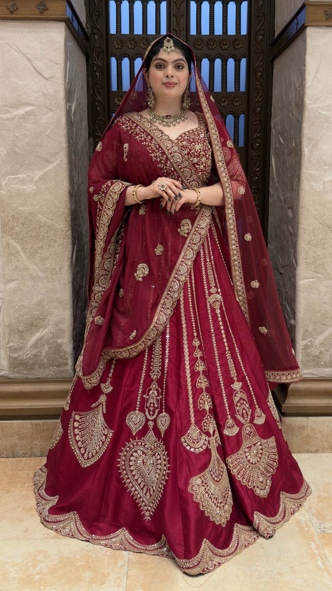 Bridal Maroon Embroidered Lehenga Choli Set with Designer Dupatta