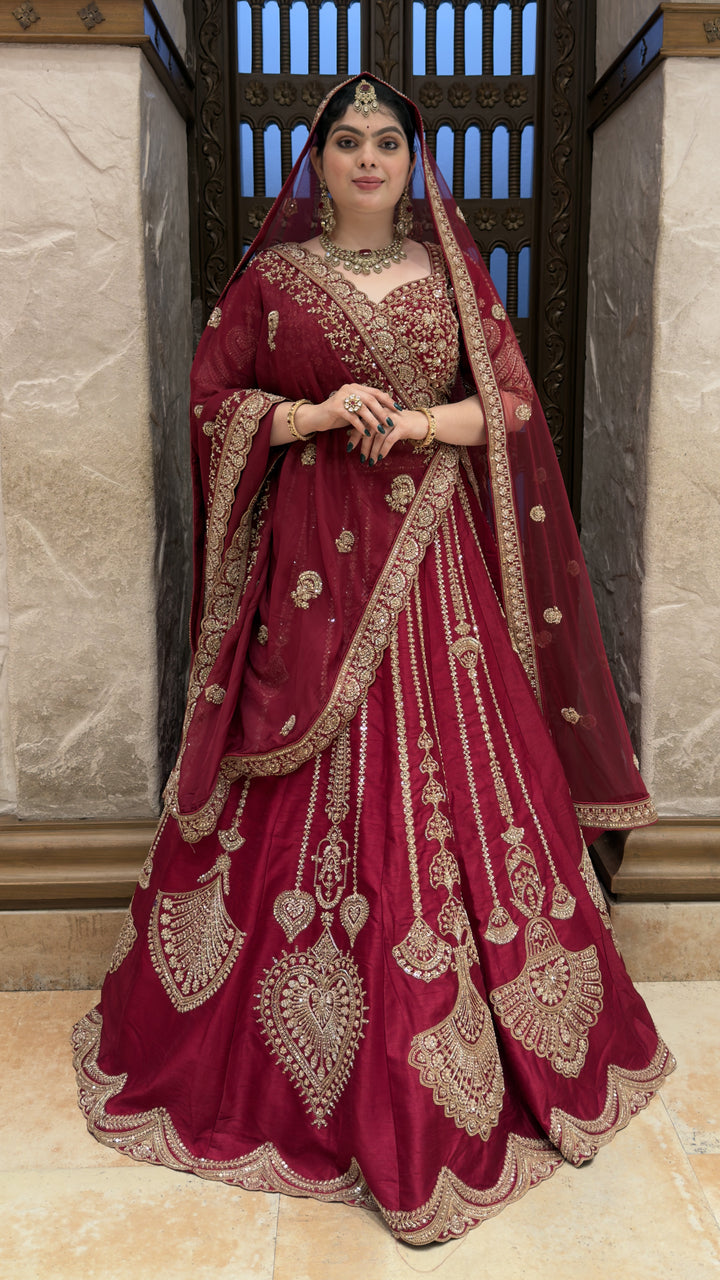 Bridal Maroon Embroidered Lehenga Choli Set with Designer Dupatta