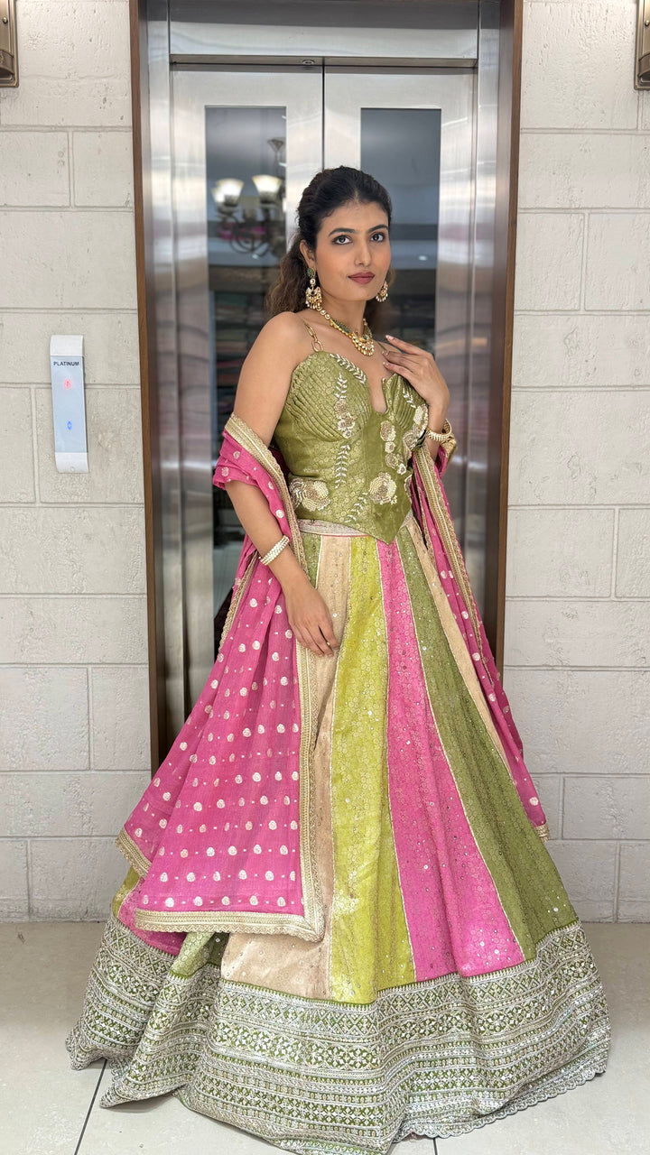 Multicolor Panelled Sequin Lehenga with Hand-Embroidered Corset Blouse