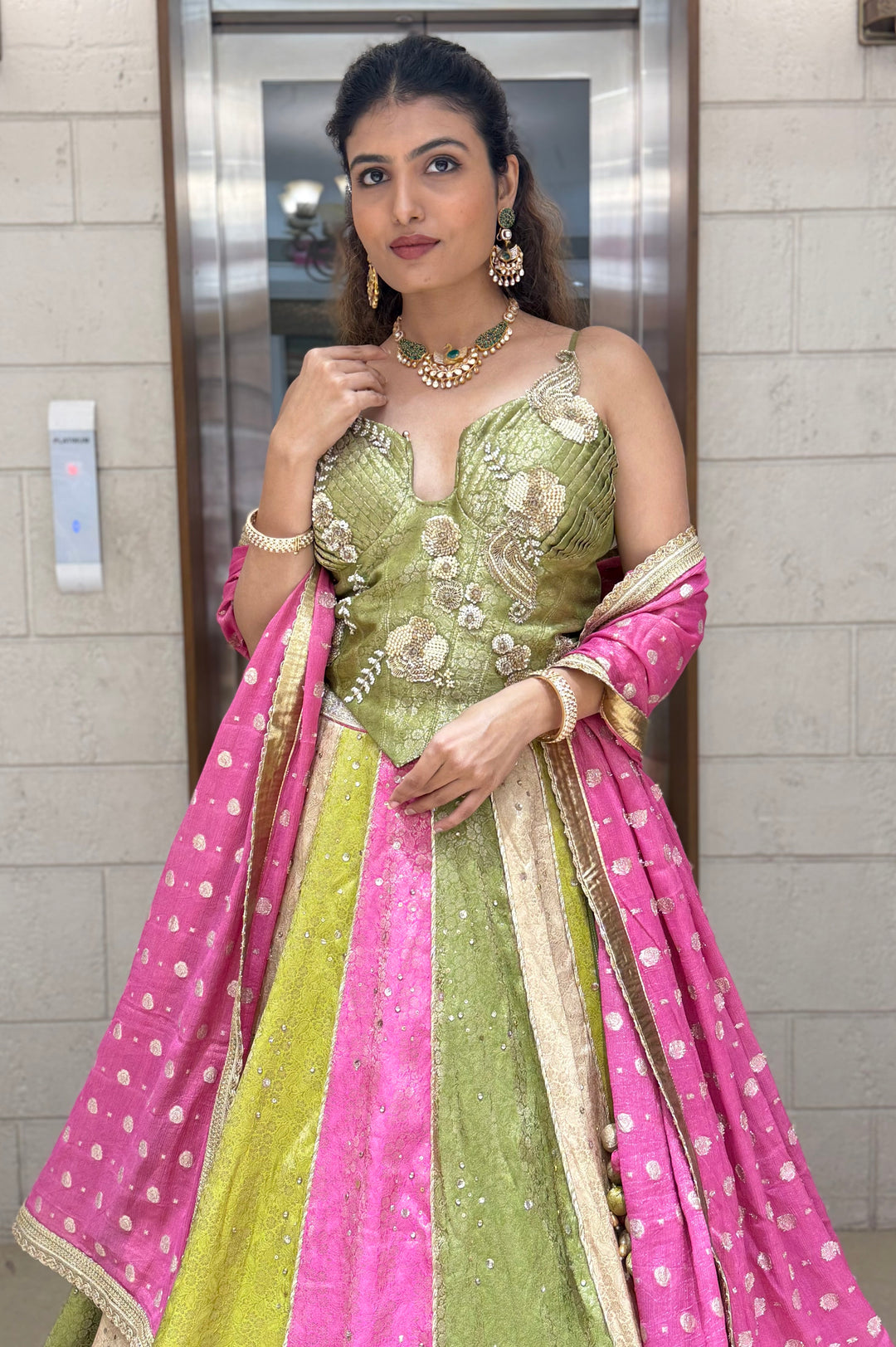 Multicolor Panelled Sequin Lehenga with Hand-Embroidered Corset Blouse