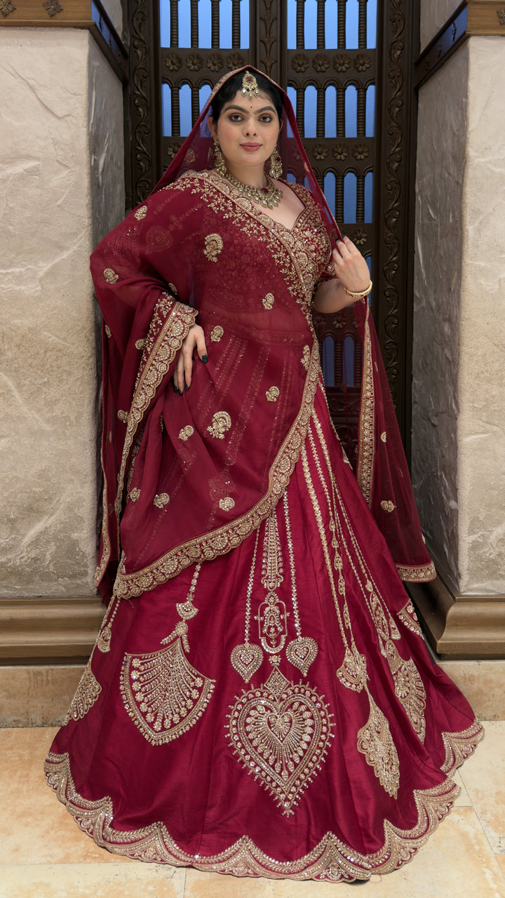 Bridal Maroon Embroidered Lehenga Choli Set with Designer Dupatta
