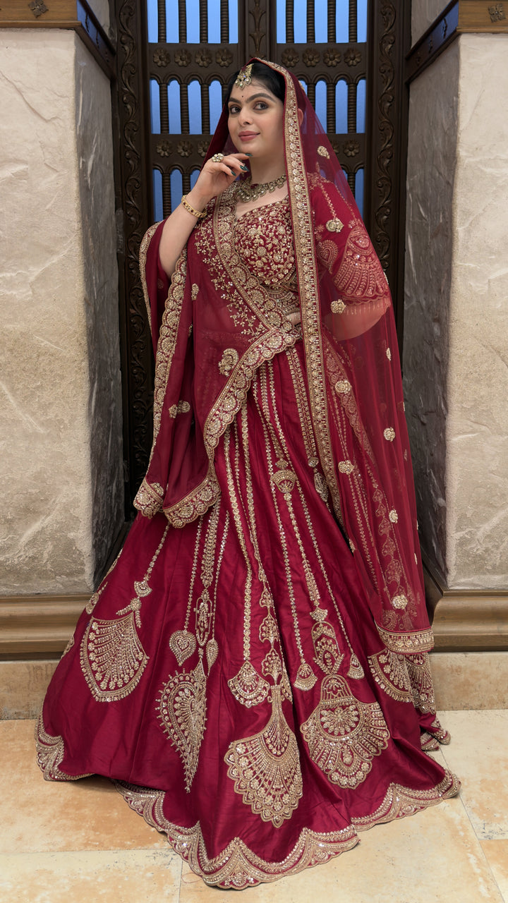 Bridal Maroon Embroidered Lehenga Choli Set with Designer Dupatta