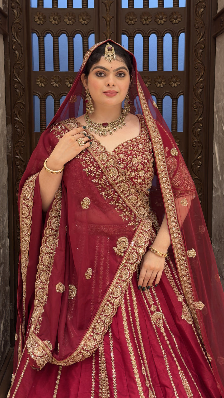 Bridal Maroon Embroidered Lehenga Choli Set with Designer Dupatta