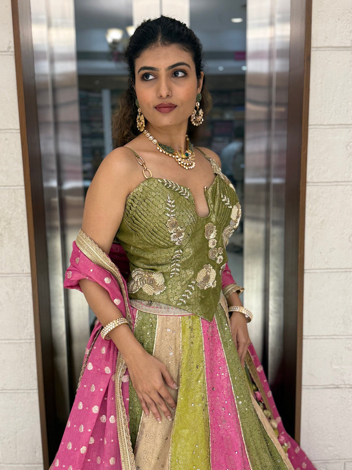 Multicolor Panelled Sequin Lehenga with Hand-Embroidered Corset Blouse