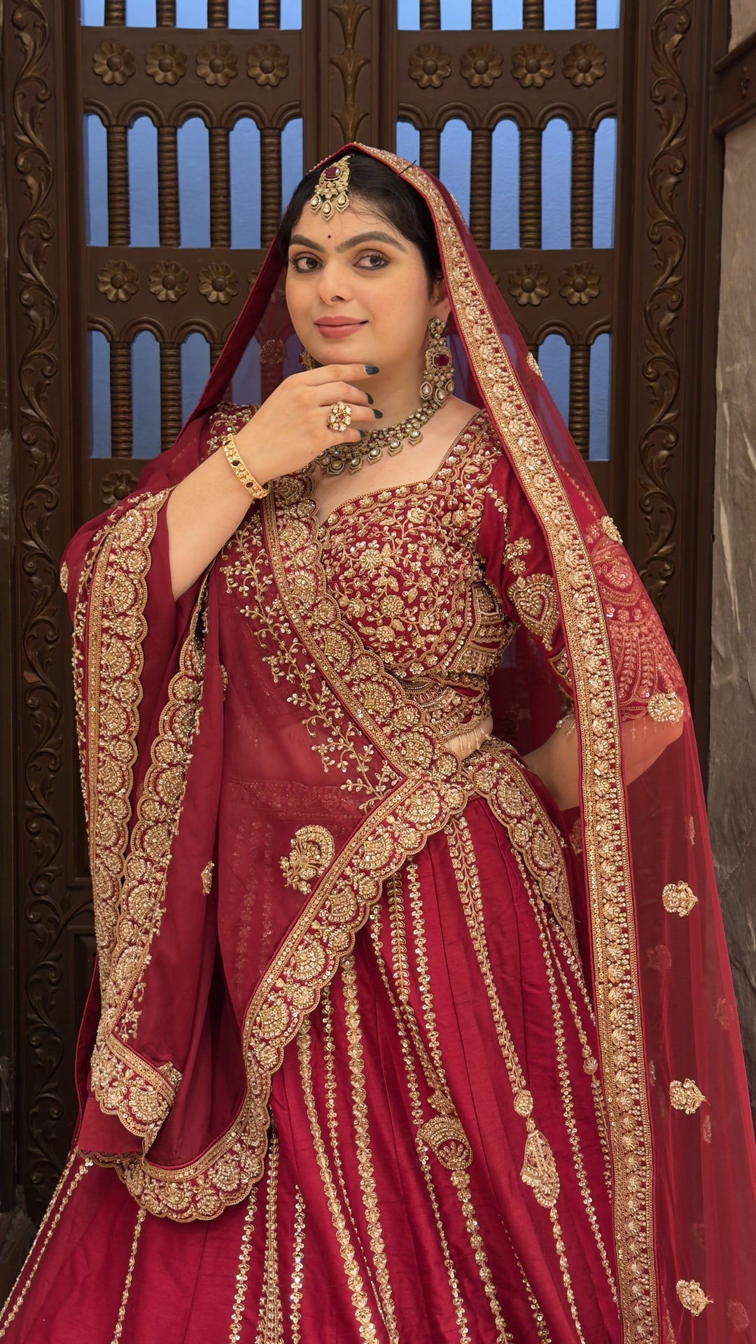 Bridal Maroon Embroidered Lehenga Choli Set with Designer Dupatta