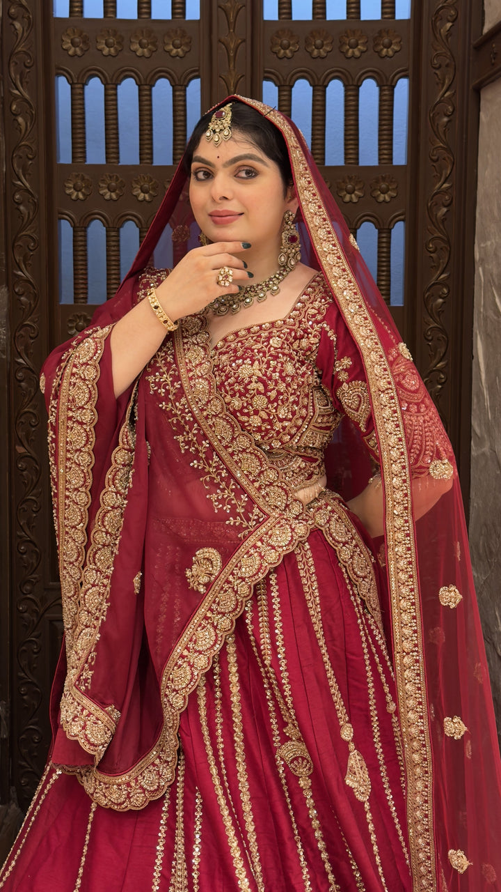 Bridal Maroon Embroidered Lehenga Choli Set with Designer Dupatta