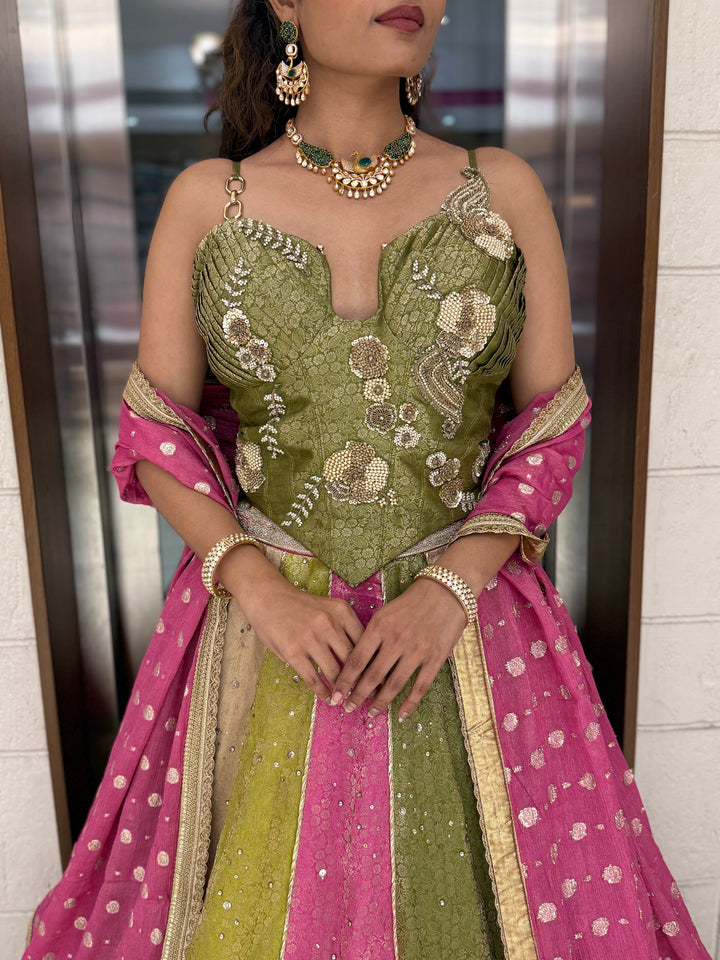 Multicolor Panelled Sequin Lehenga with Hand-Embroidered Corset Blouse