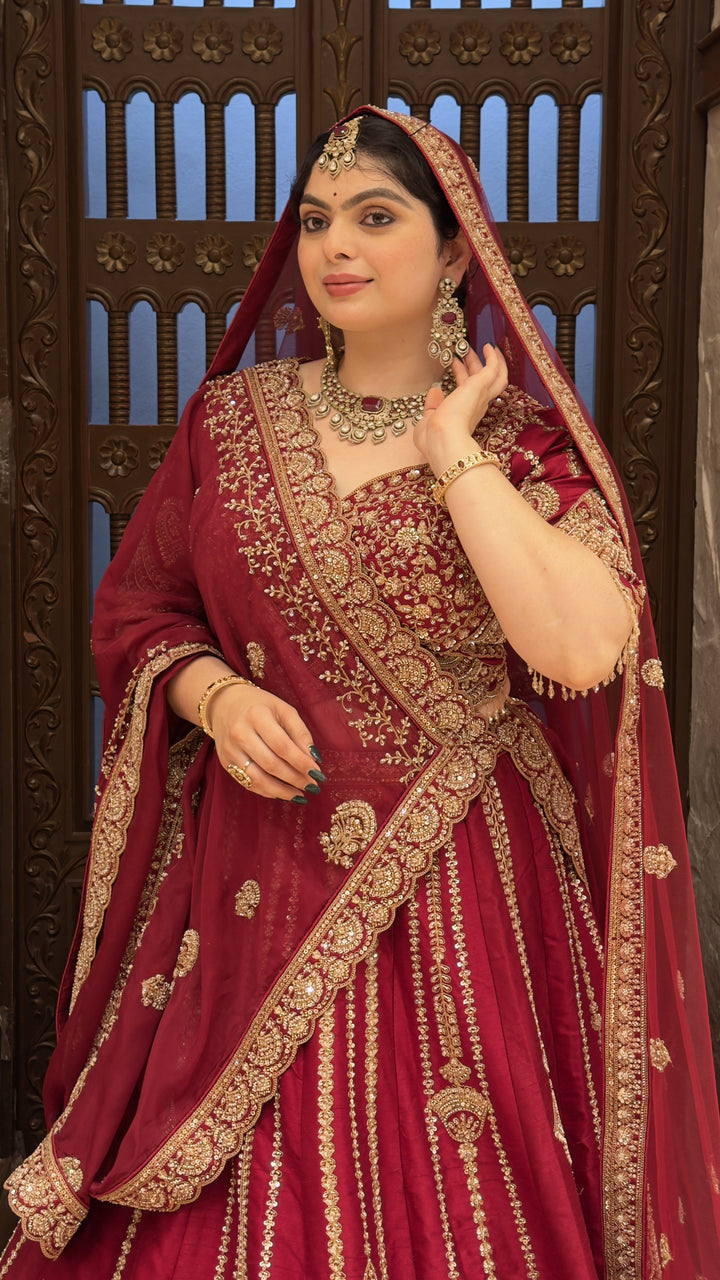 Bridal Maroon Embroidered Lehenga Choli Set with Designer Dupatta