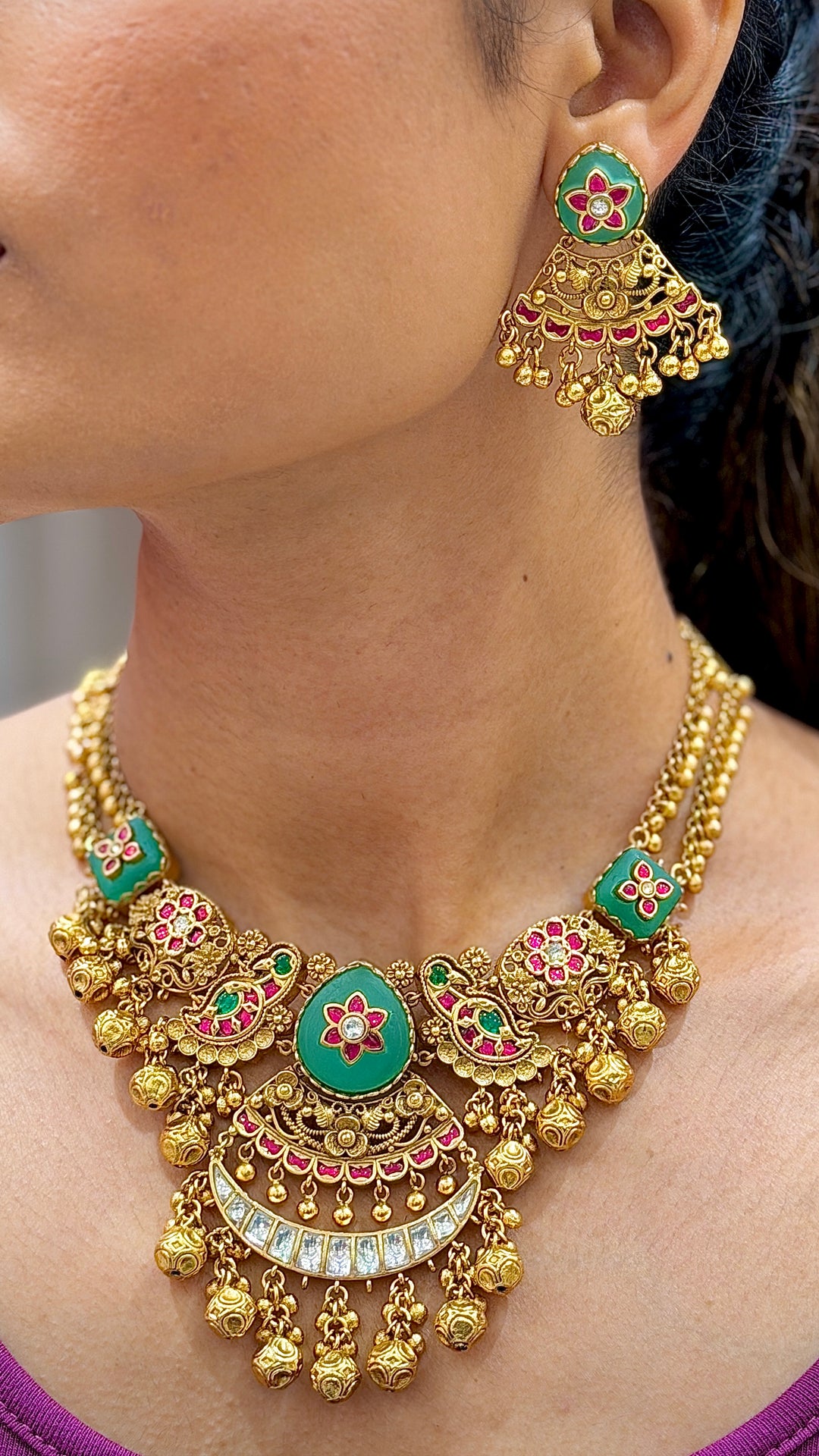 Antique Gold Temple Necklace Set with Mint Green & Ruby Pink Enamel Work