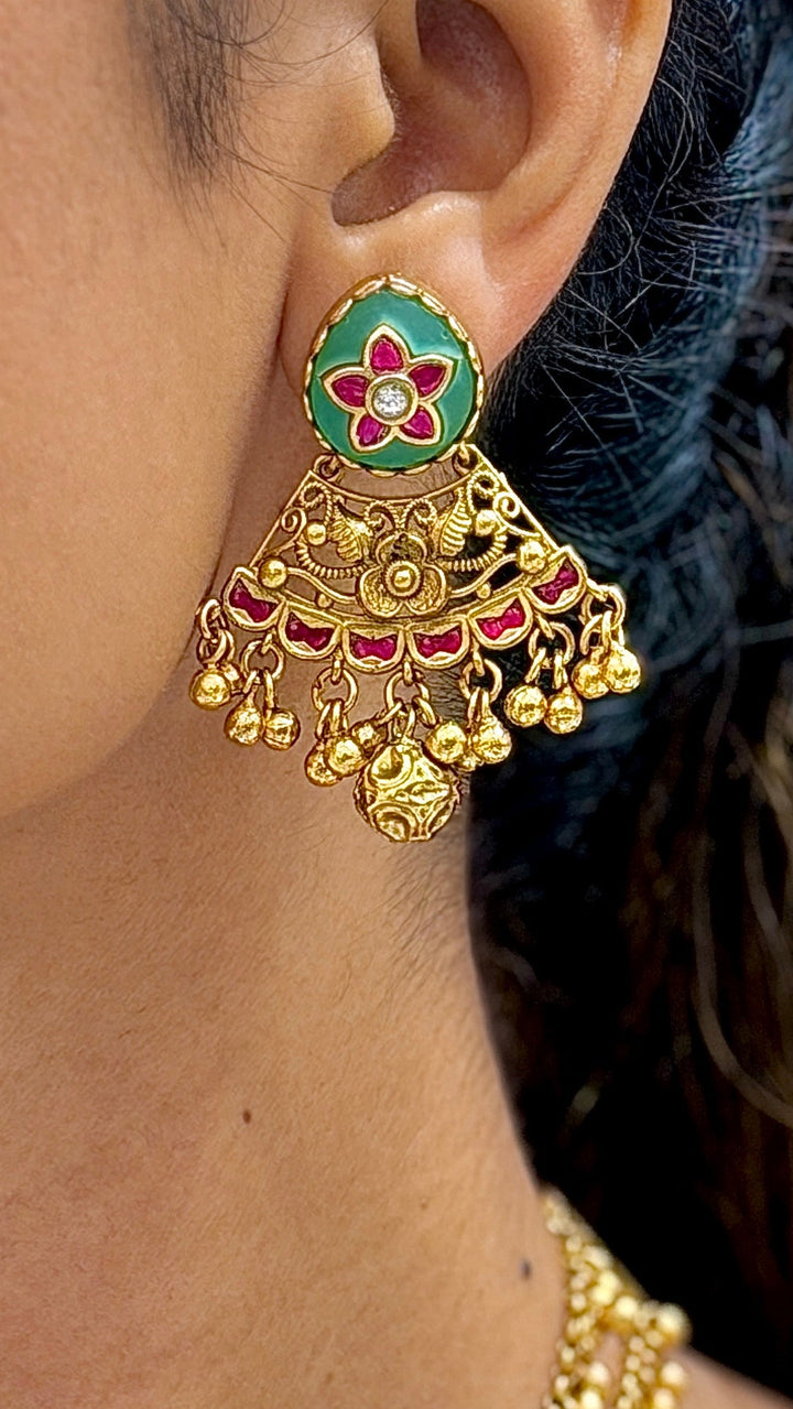 Antique Gold Temple Necklace Set with Mint Green & Ruby Pink Enamel Work