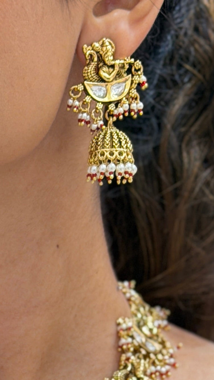 Antique Gold Temple Long Haram Necklace Set with Lakshmi Pendant