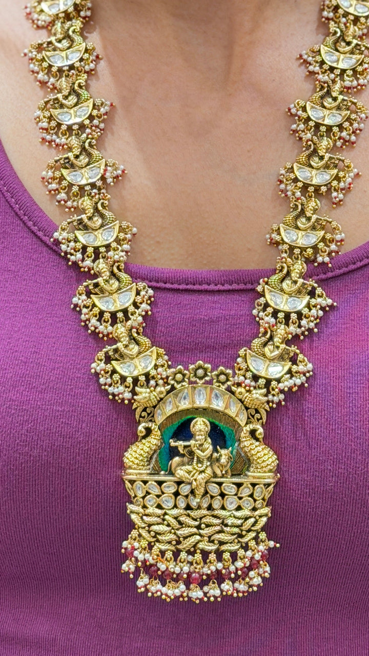 Antique Gold Temple Long Haram Necklace Set with Lakshmi Pendant